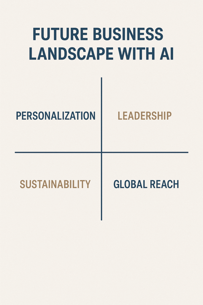 Four-quadrant infographic showing AI’s future role in business strategy: hyper-personalization, AI-augmented leadership, sustainability modeling, and global SME empowerment.