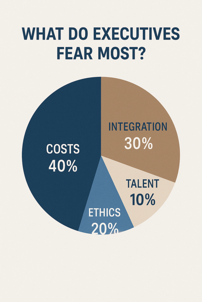 Pie chart illustrating risks of AI in strategic planning: 40% high costs, 30% system integration, 20% ethical/data bias, 10% talent shortage.”