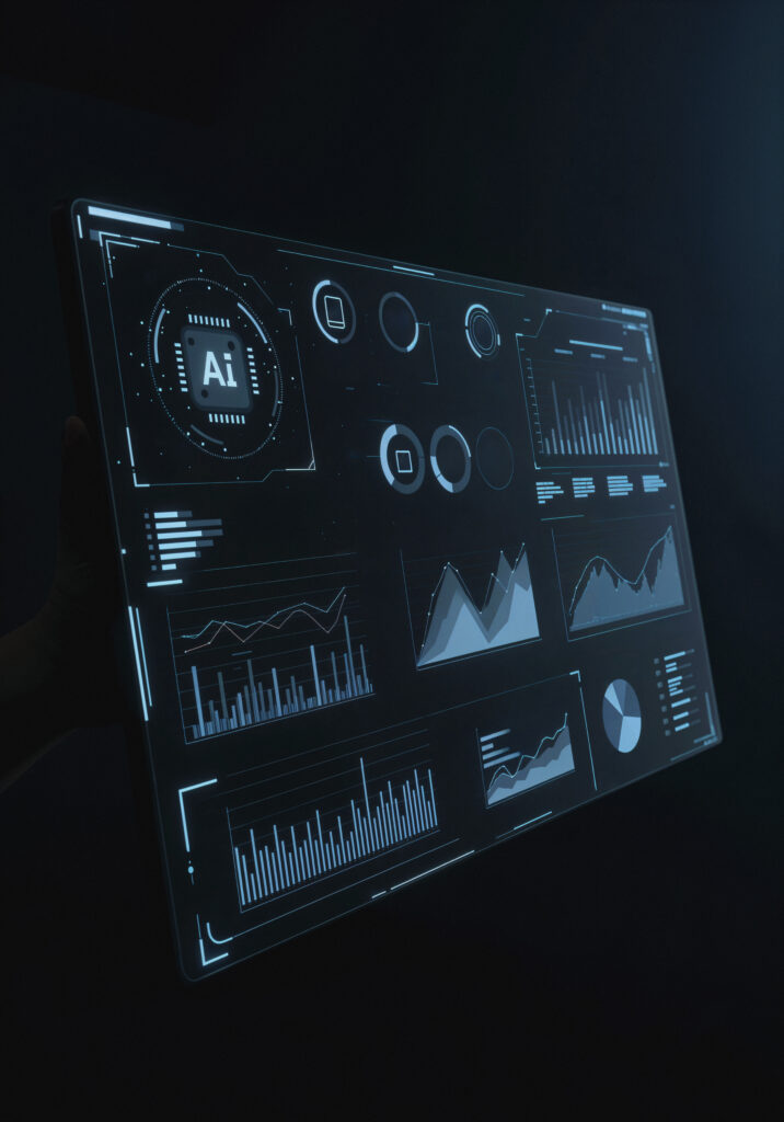 AI-driven supply chain forecasting dashboard displaying inventory levels, demand predictions, and optimized safety stock calculations.