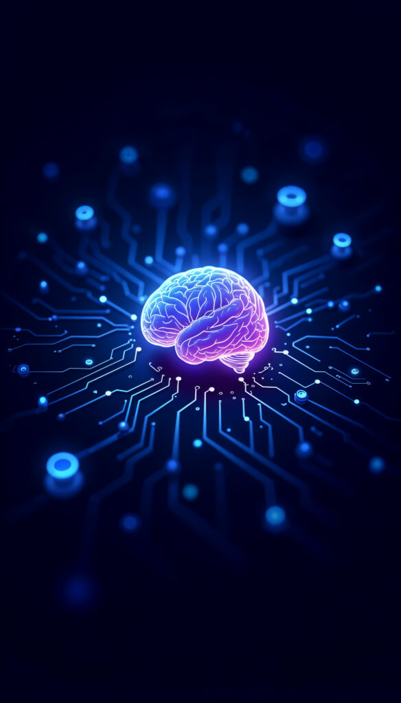 Abstract AI brain combined with digital marketing analytics dashboard overlay showing predictive data and advertising performance metrics.