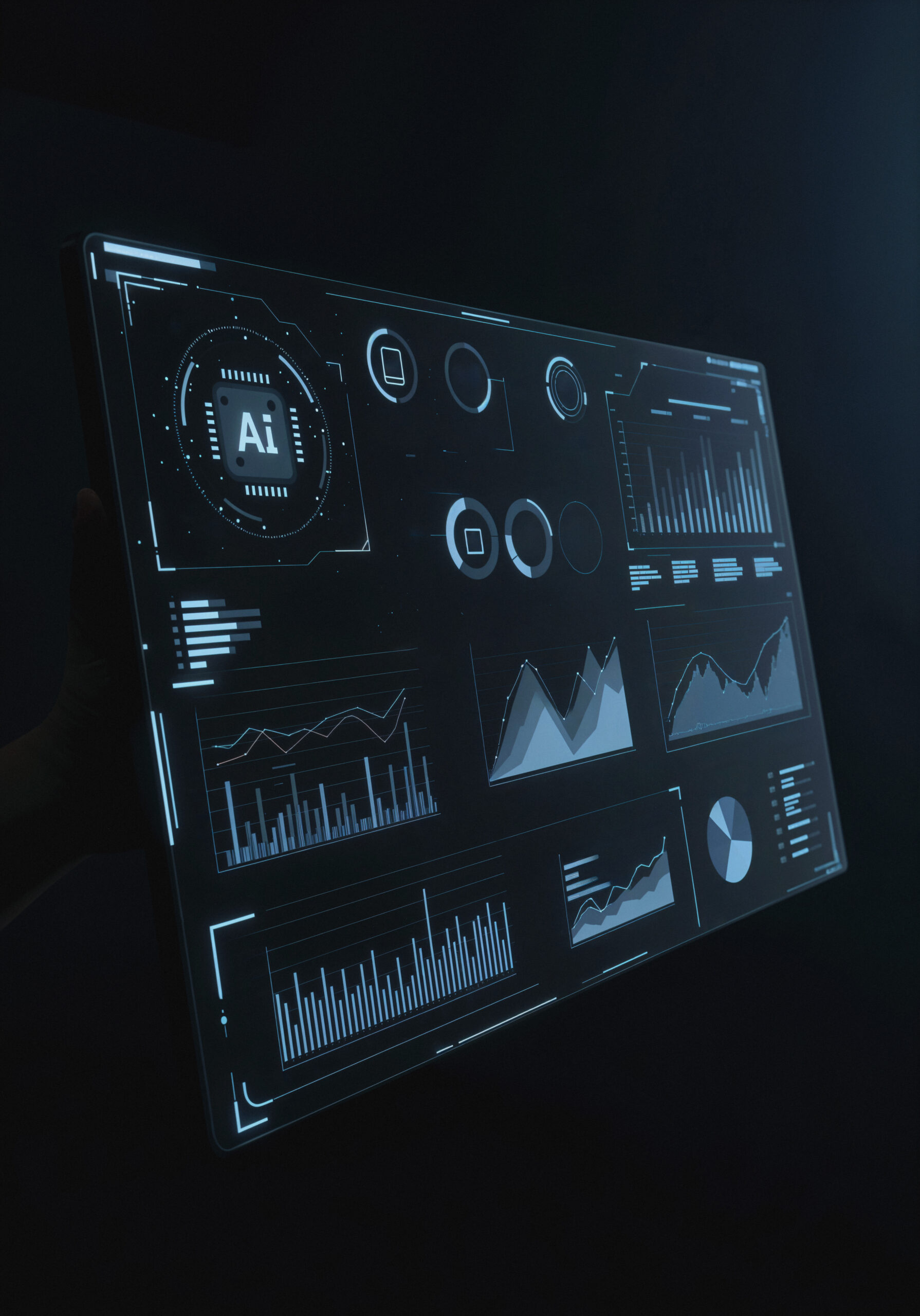 “Executive team reviewing AI-powered business insights dashboard with predictive analytics charts and real-time data overlays.”